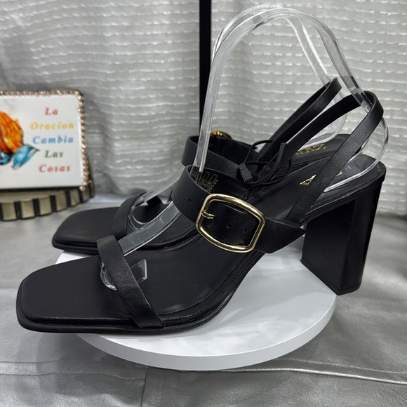 (C2) Zara Black NWT Leather Heeled Buckle Sandals, Size 41/10 USA - Picture 5 of 16
